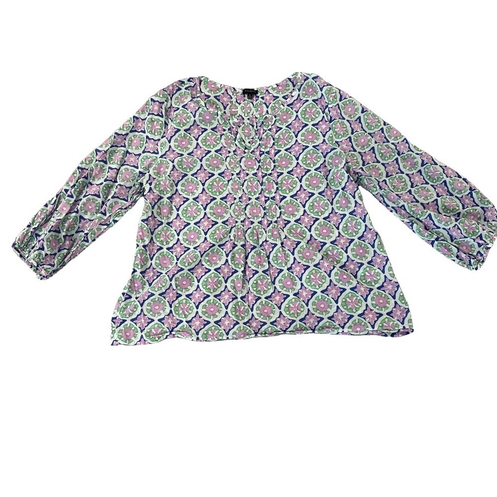 Talbots White Pink Floral Puff Sleeve Mandarin Collar Blouse